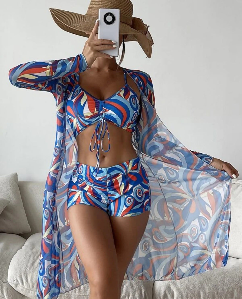 Women's 3-Piece Swimsuit Set – High Waist, Long Sleeve Cover-Up & Boy Shorts