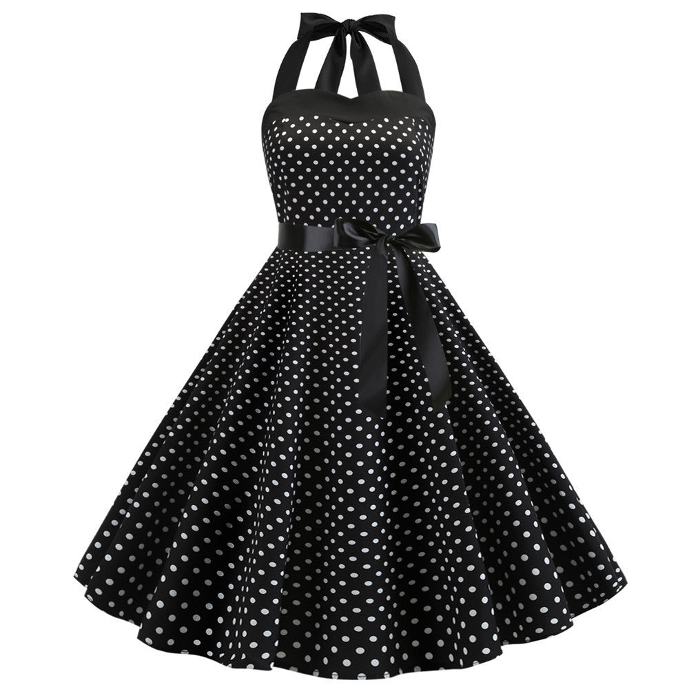 Women's Retro Wave & Dot Print Strap Maxi Dress – 7 Colors, Sizes S–XXL