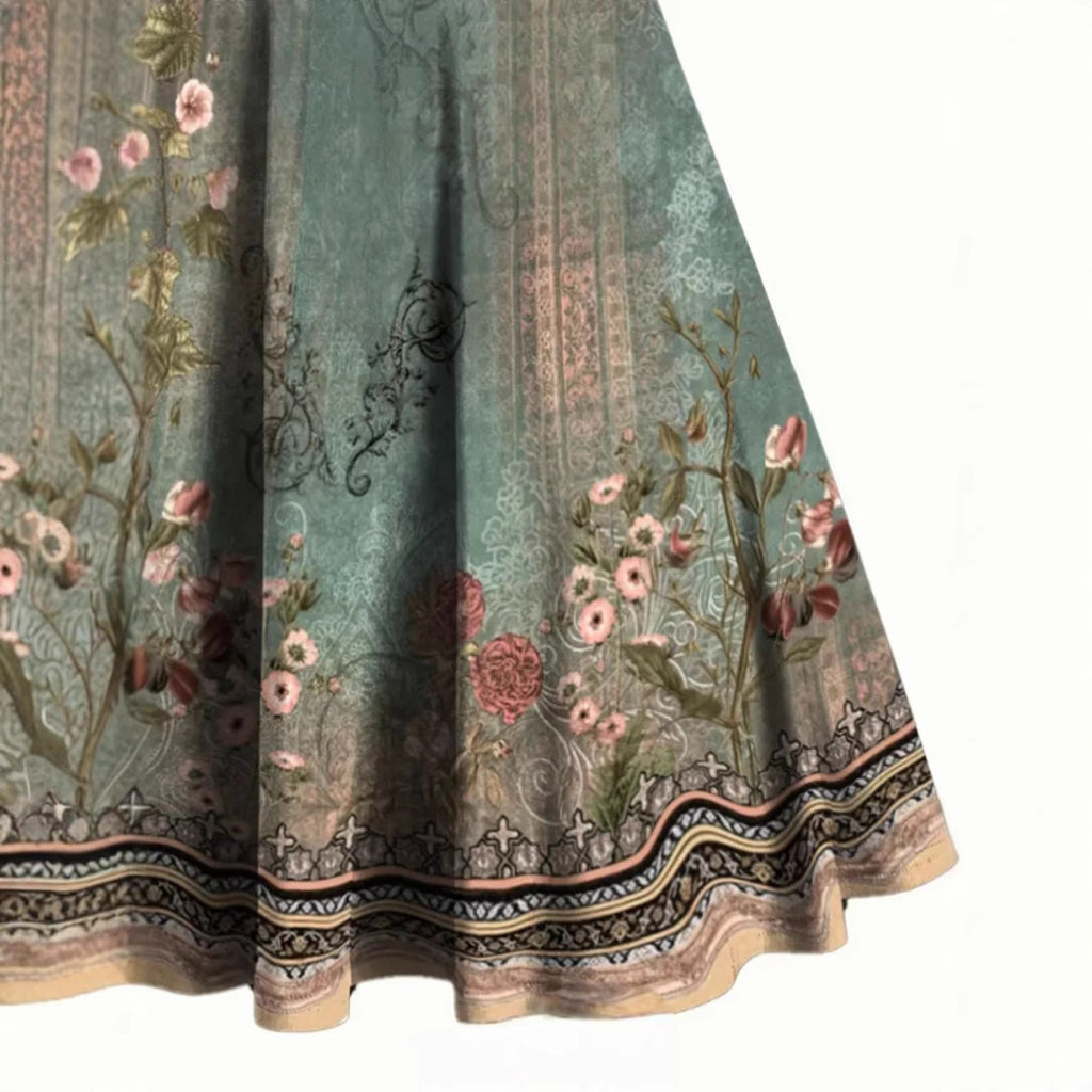 Women's Peacock Green Floral Strapless Midi Dress – Elegant Summer Style
