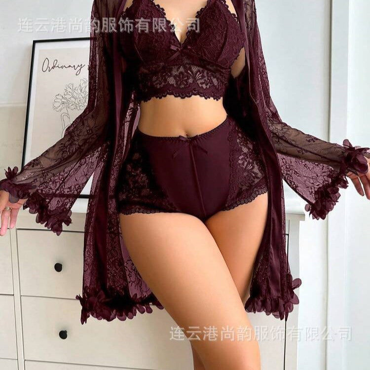Women's French Lace Sling Pajama Three-Piece Set | 5 Colors, Sizes S–XL