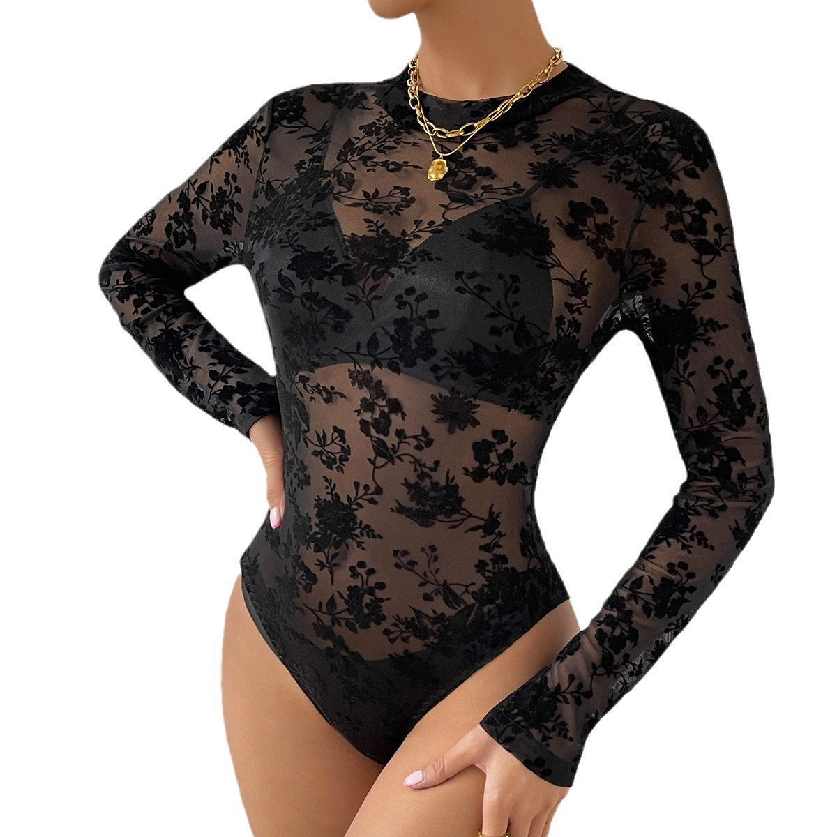 Women's Sexy Flocked Lace Mesh Sleeveless Jumpsuit