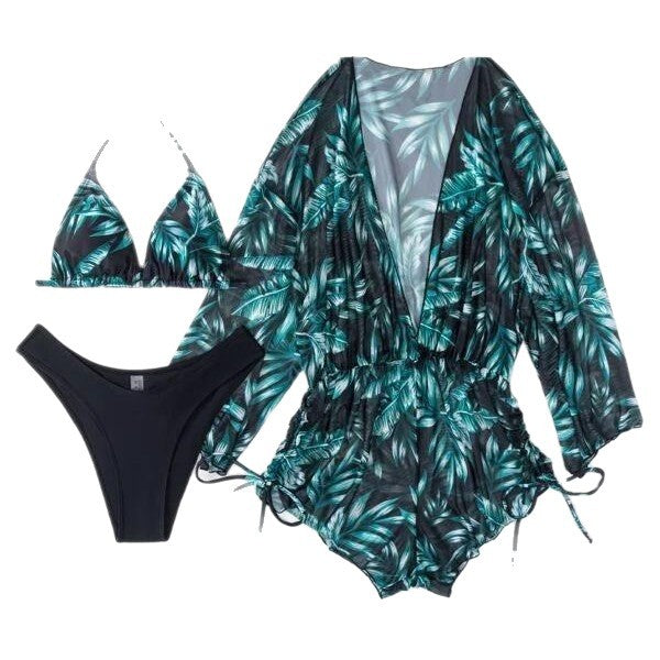 Women's 3-Piece Long Sleeve Lace-Up Bikini Set | 17 Colors, Sizes S–XL