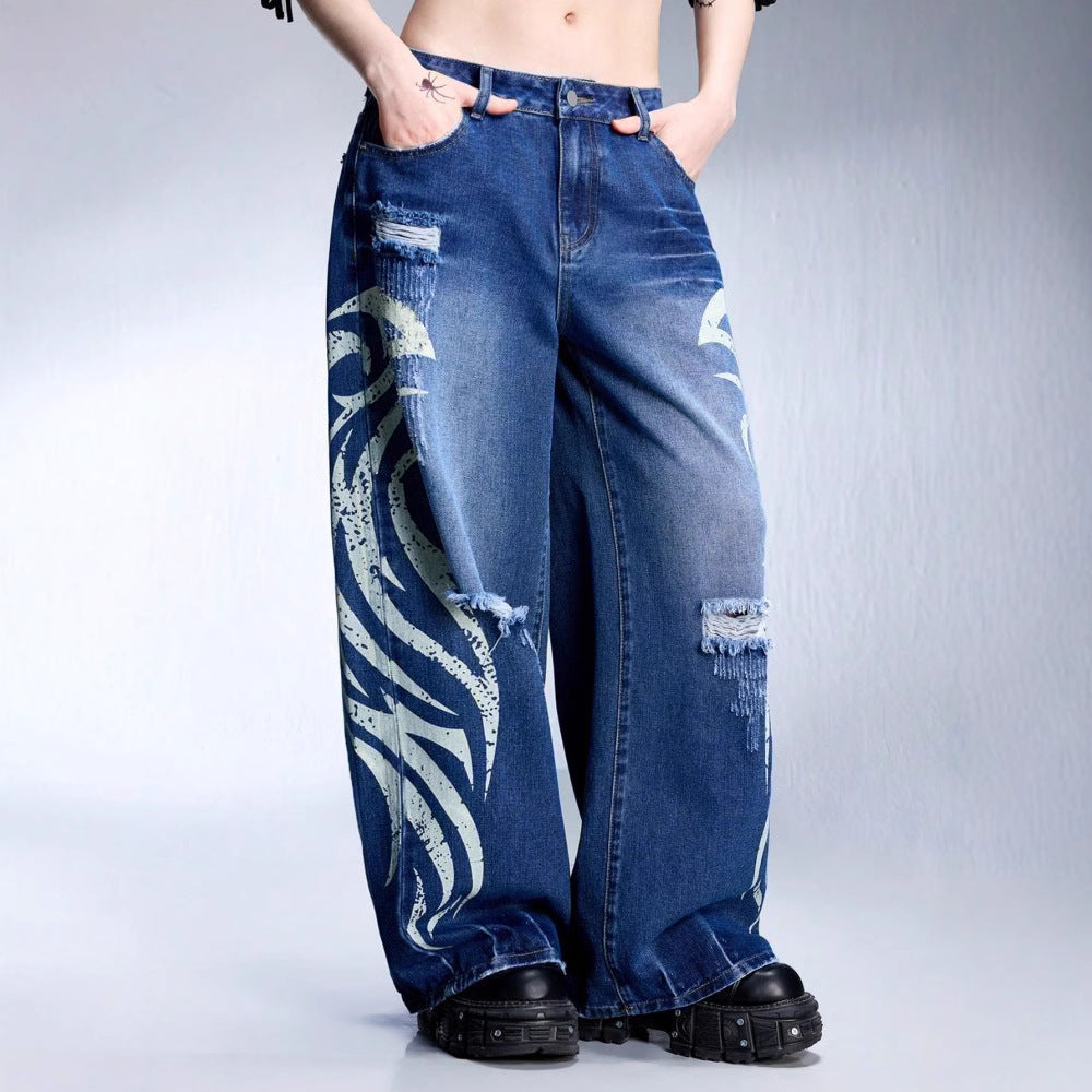 Women's Creative Pattern Printed Washed Ripped Wide Leg Jeans | Black & Blue, Sizes S–2XL