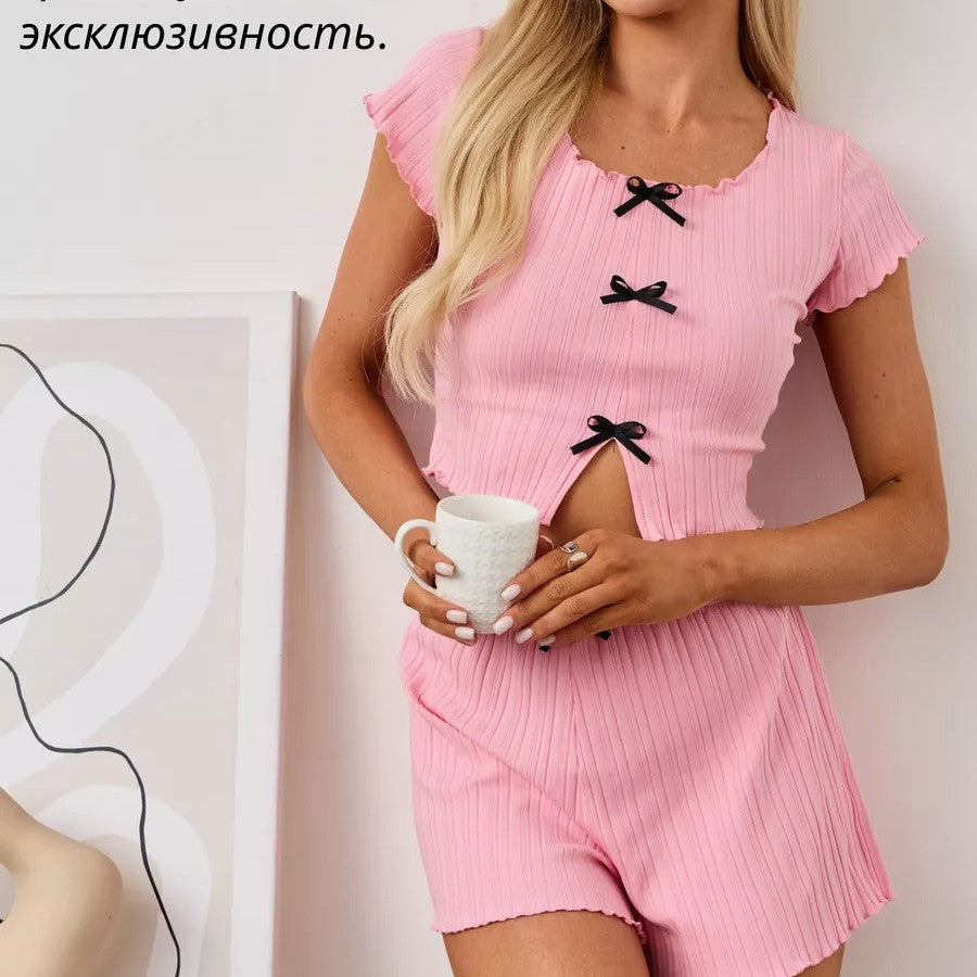 Women's Bow Knit Short Sleeve Crop Top | Sweet Slim Summer Top