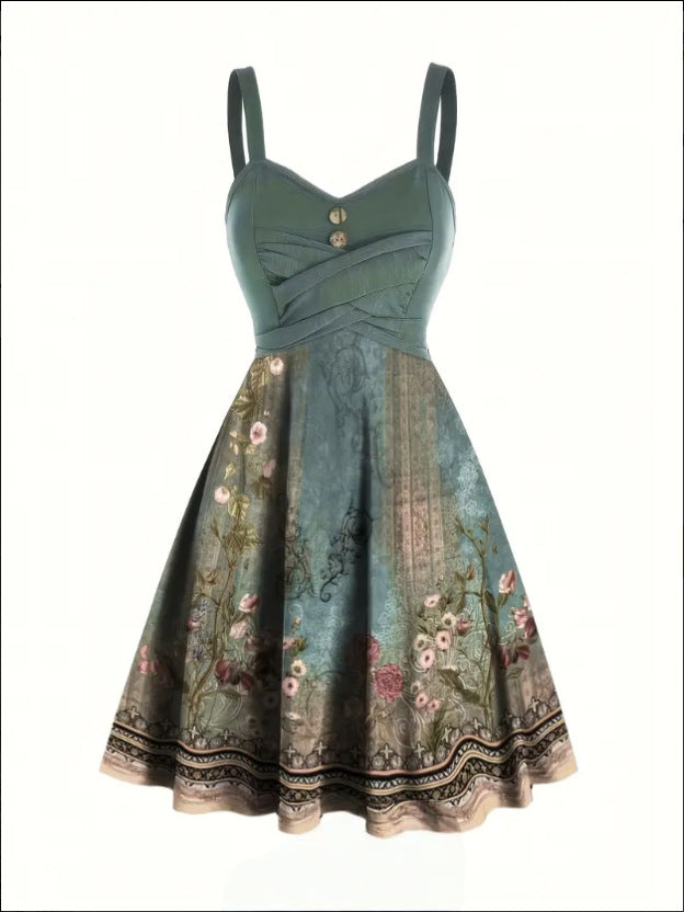 Women's Peacock Green Floral Strapless Midi Dress – Elegant Summer Style