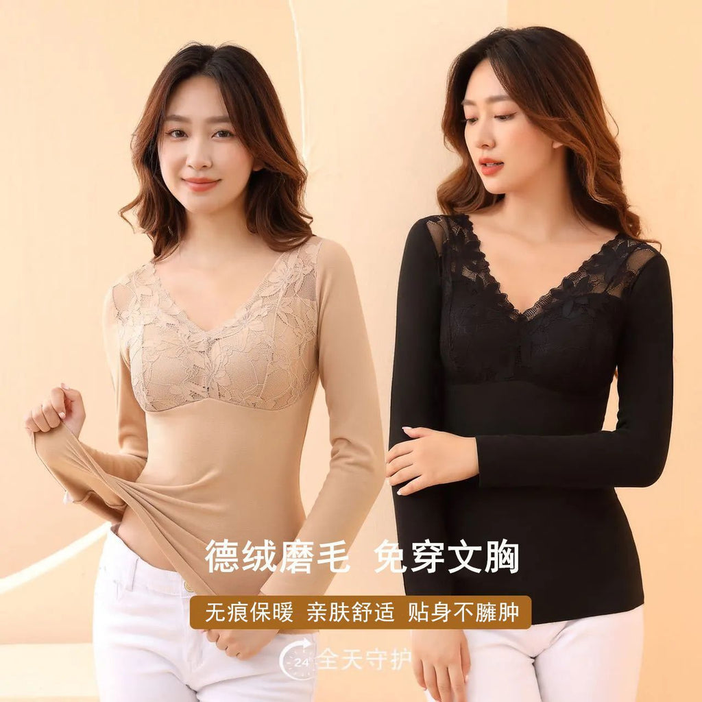 Women's Velvet Warm Lace Long Sleeve Top | Built-In Chest Pad
