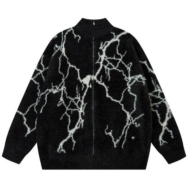 Unisex Hip-Hop Lightning Jacquard Zip Cardigan | Retro Loose Streetwear Jacket