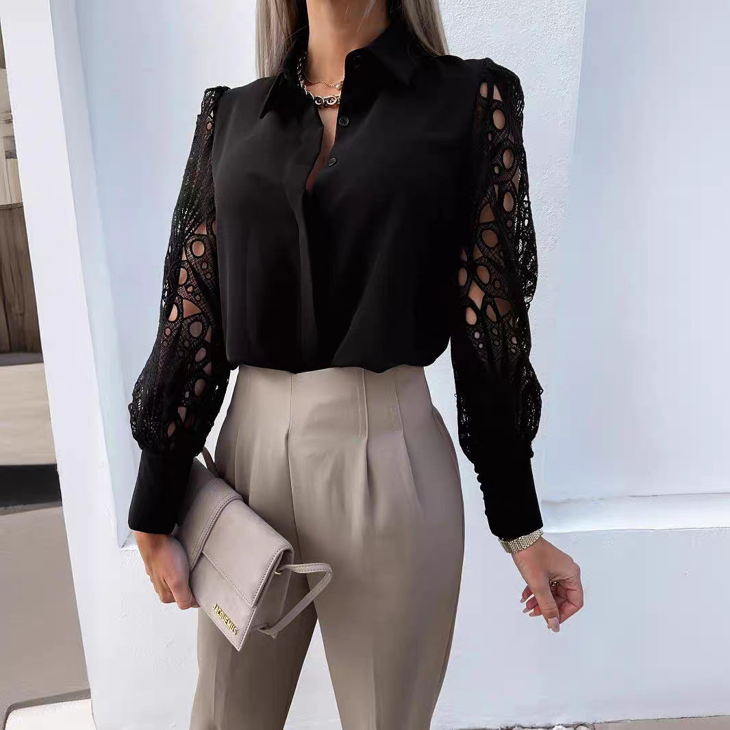 Women's Lace Stitching Blouse | Solid Color Elegant Top