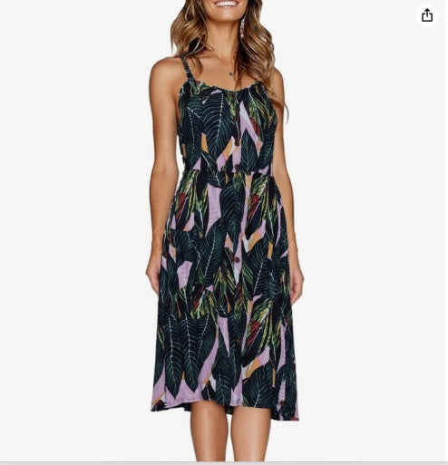 Women's Floral & Solid Strap Midi Dress – High Waist, Sleeveless, Multi-Color