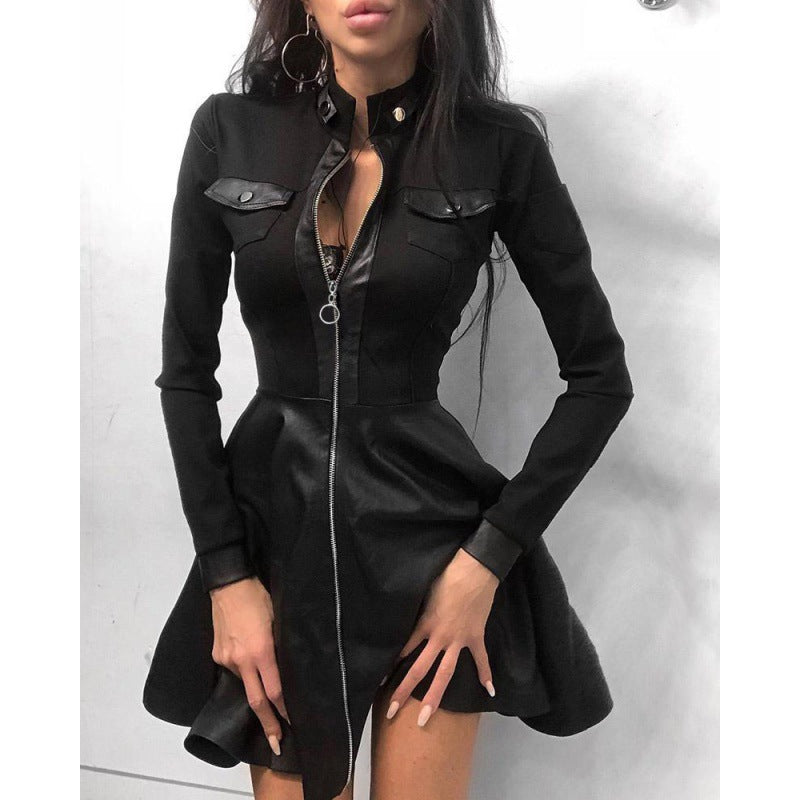 Women's PU Leather Long Sleeve V-Neck Zip Pocket Dress – 4 Styles, Sizes S–2XL