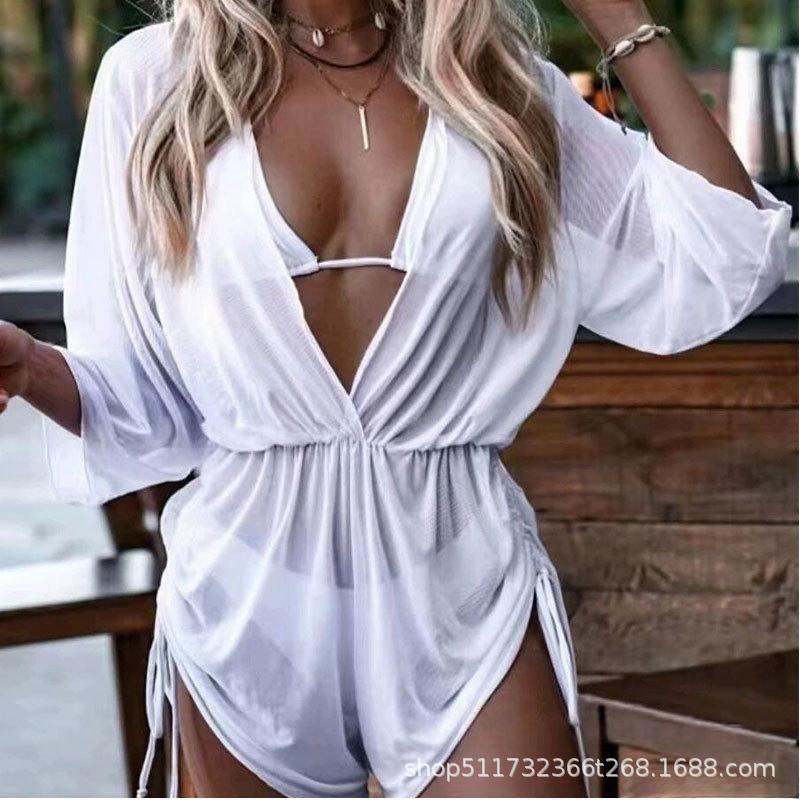 Bikini Three-Piece Set Tight Waist Lace-Up Long Sleeve Leaf Print Beach Conservative Swimsuit Sporty