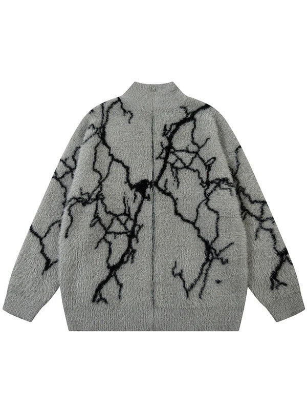 Unisex Hip-Hop Lightning Jacquard Zip Cardigan | Retro Loose Streetwear Jacket