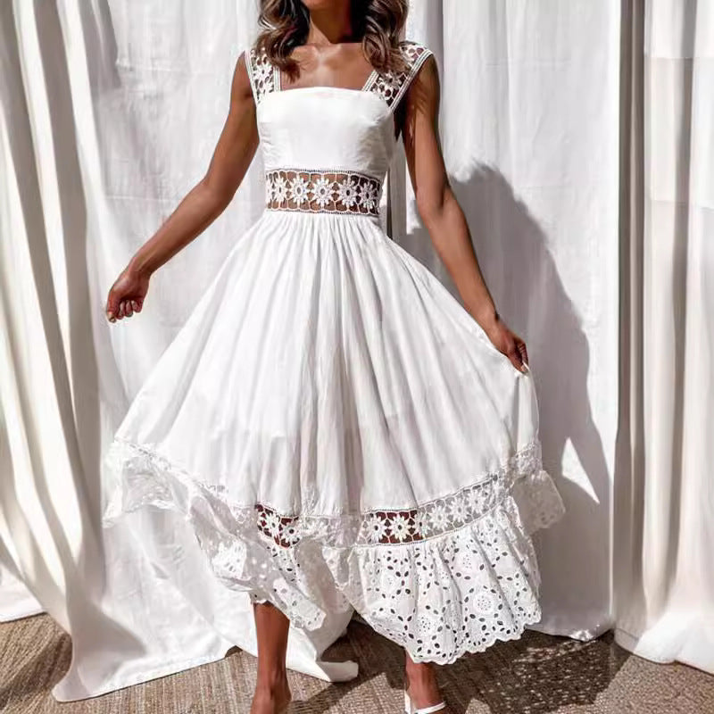 Women's Lace Sleeveless Princess Maxi Dress | High Waist U-Neck | White