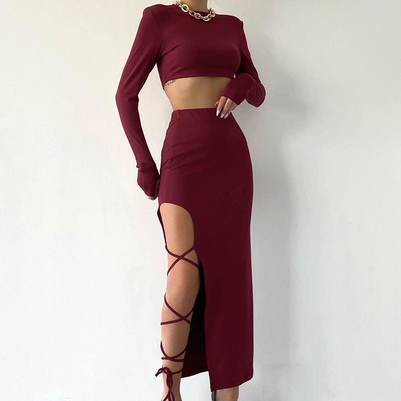 Women's Long Sleeve Crewneck Top & Slip Skirt Two-Piece Set | Slim Fit Autumn Outfit