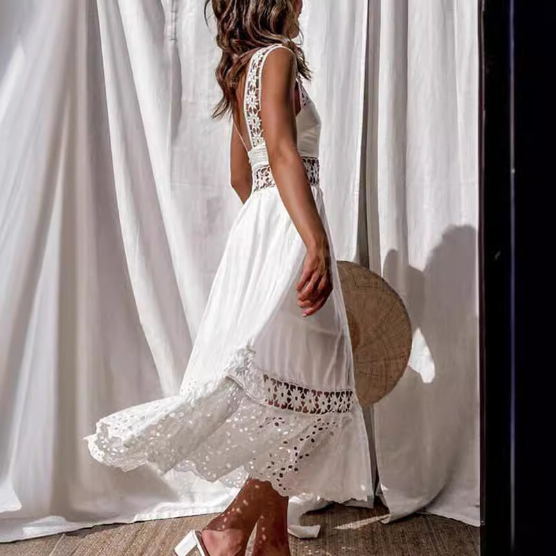 Women's Lace Sleeveless Princess Maxi Dress | High Waist U-Neck | White