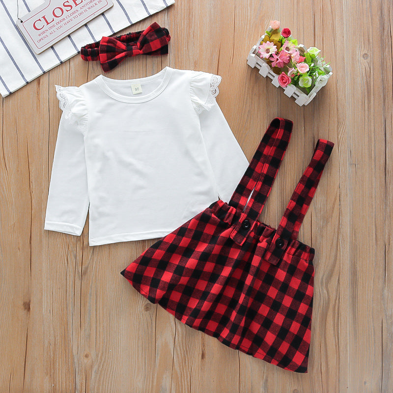 Girls' Check Sling Skirt & Lace T-Shirt Set