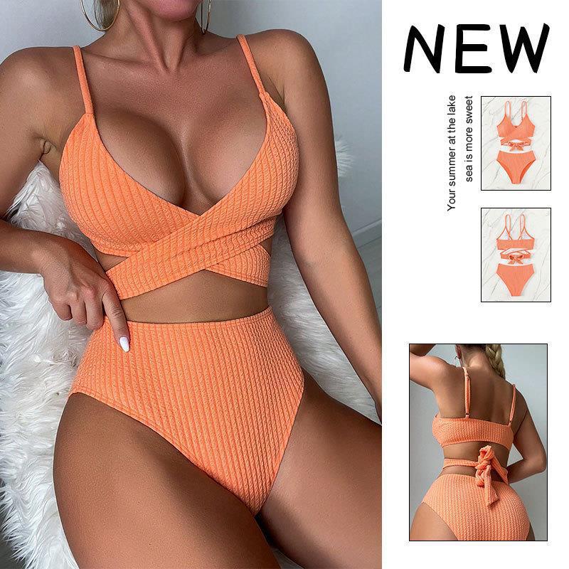 Women's Solid Color Lace-Up Halter High-Waist Bikini Set