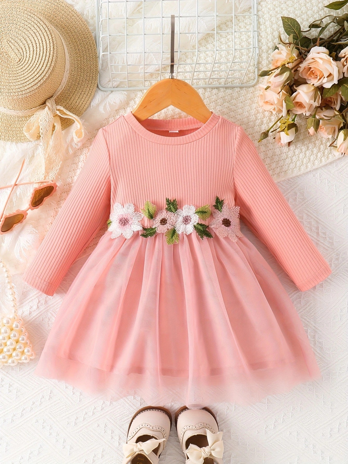 Baby Girl Waist Flower Mesh Dress | Spring & Autumn