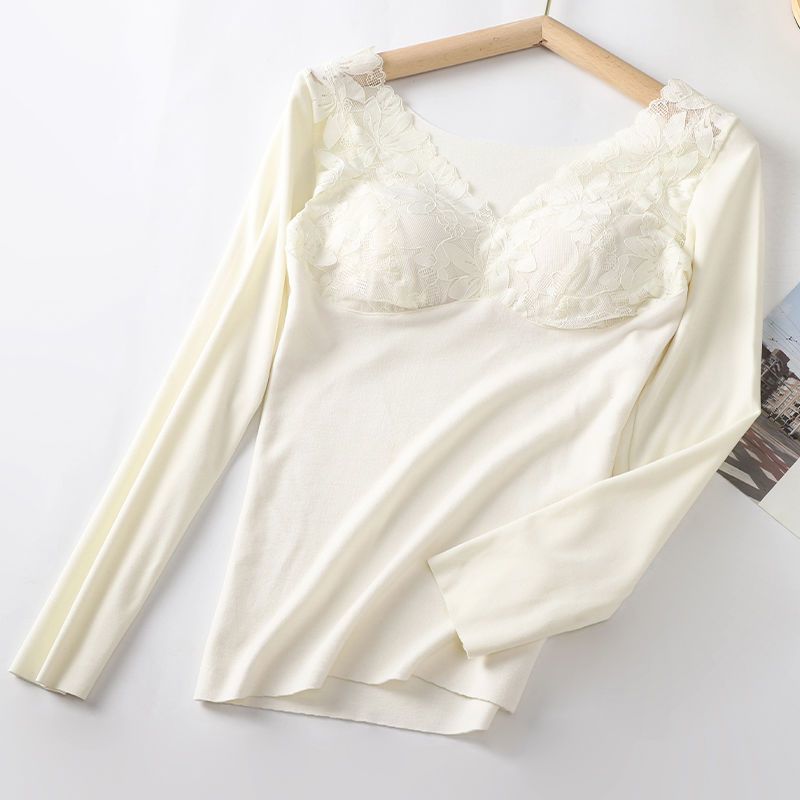 Women's Velvet Warm Lace Long Sleeve Top | Built-In Chest Pad