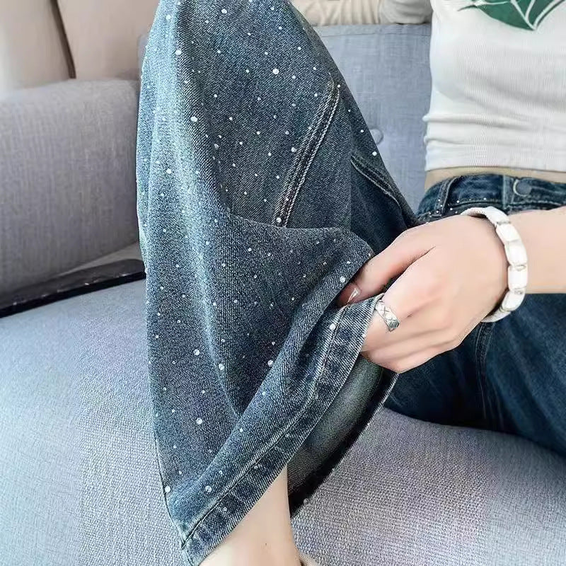 Women's High Waist Wide Leg Rhinestone Jeans | Dark Blue Straight Pants