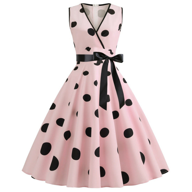 Women's Polka Dot Swing Dress | V-Neck Sleeveless Lace-Up Waist Midi Dress