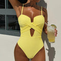 Yellow Vertical Hollow Strap One-piece Swimsuit