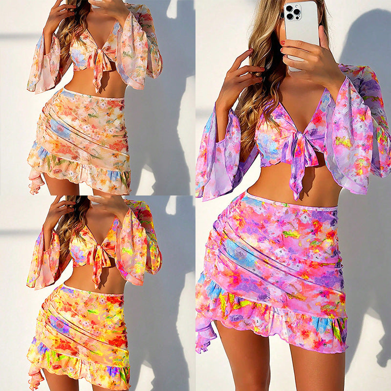 Fashion Print Beach Dress Bikini Four-piece Swimsuit Women