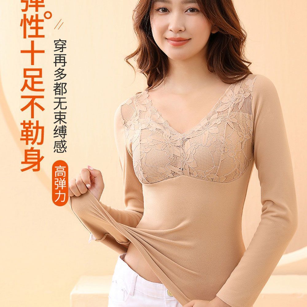 Women's Velvet Warm Lace Long Sleeve Top | Built-In Chest Pad