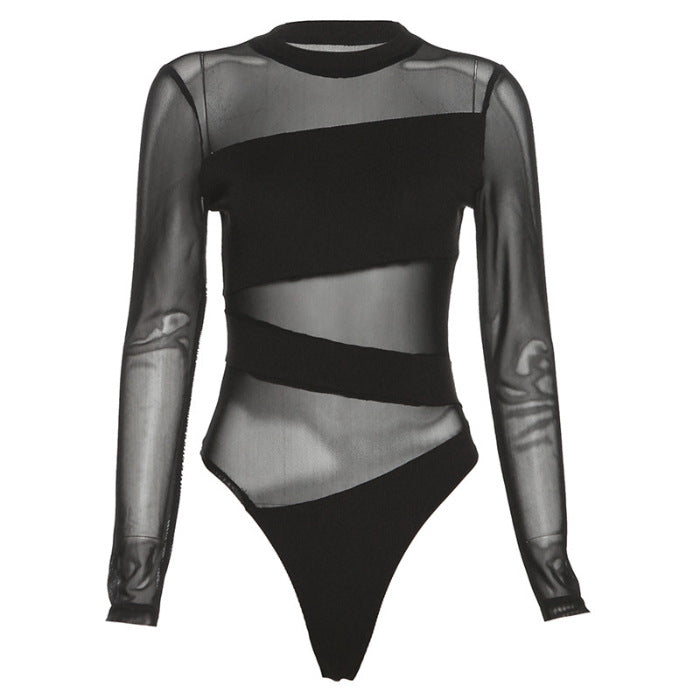 Women's Black Mesh Sheer Long-Sleeve Top – Slim Fit, Hollow Detail | Sizes S–XL