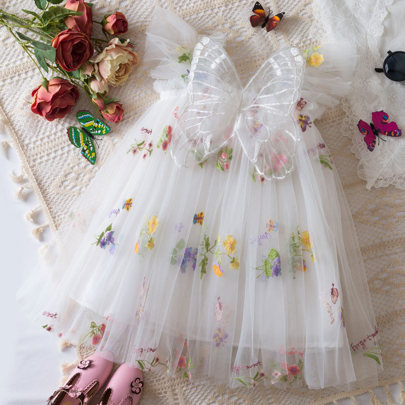 Girls' Korean Flower Embroidered Mesh Princess Dress