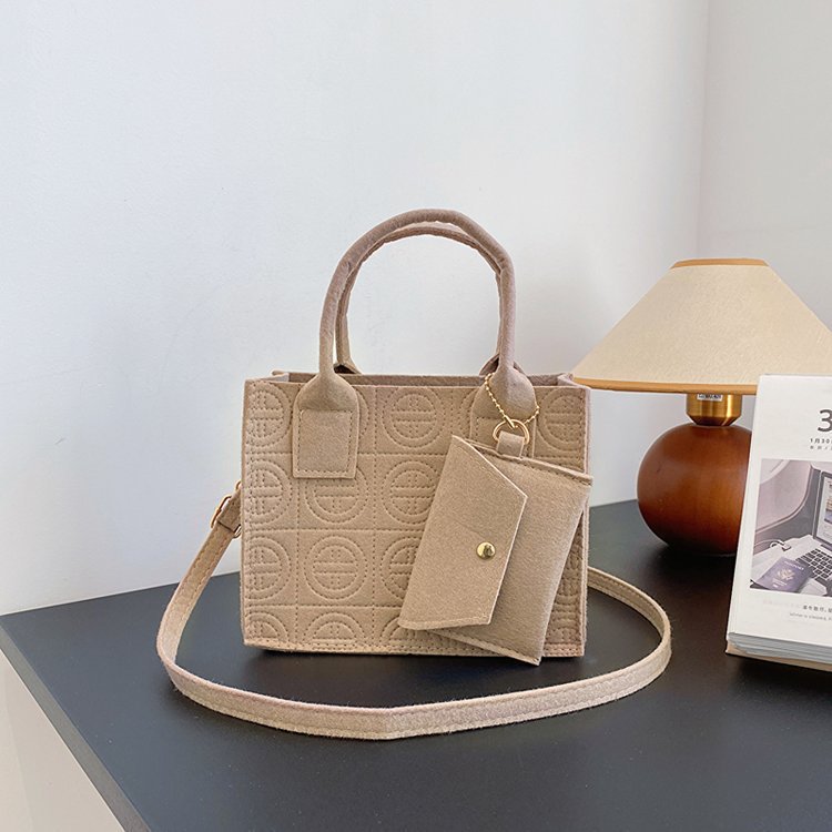 Embossed Two-Piece Handbag Set – Solid Color Tote & Pouch