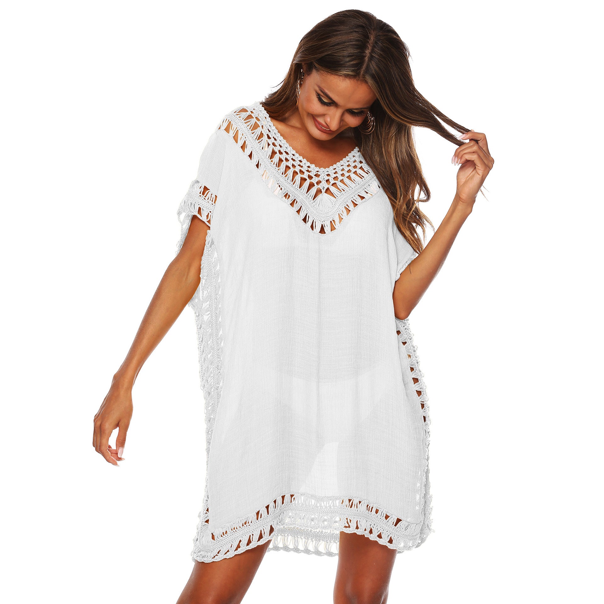 Women's V-Neck Hollow Crochet Beach Cover-Up Blouse