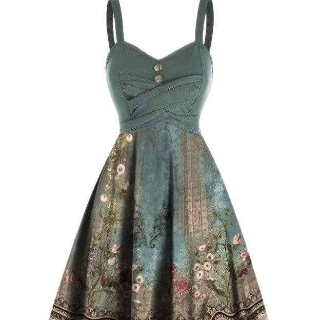 Women's Peacock Green Floral Strapless Midi Dress – Elegant Summer Style