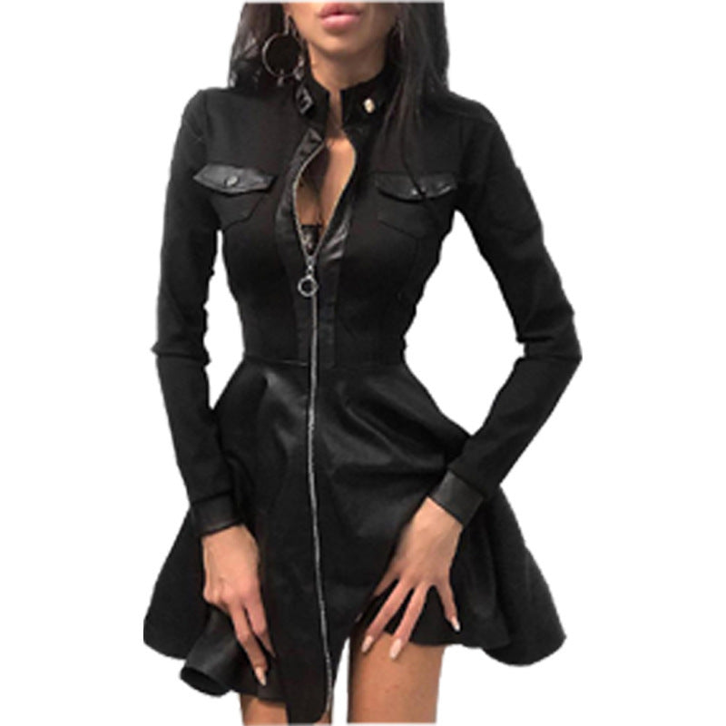 Women's PU Leather Long Sleeve V-Neck Zip Pocket Dress – 4 Styles, Sizes S–2XL