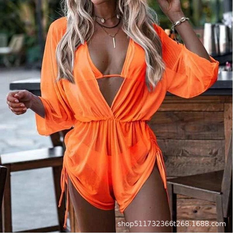 Bikini Three-Piece Set Tight Waist Lace-Up Long Sleeve Leaf Print Beach Conservative Swimsuit Sporty