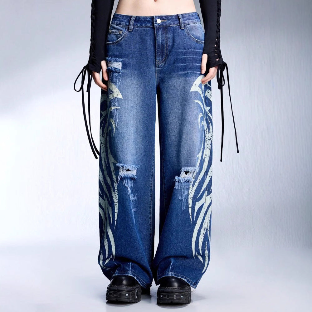 Women's Creative Pattern Printed Washed Ripped Wide Leg Jeans | Black & Blue, Sizes S–2XL