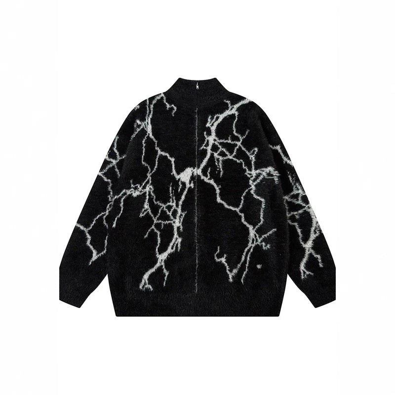 Unisex Hip-Hop Lightning Jacquard Zip Cardigan | Retro Loose Streetwear Jacket