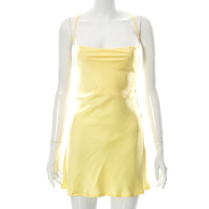 Women's Low-Cut High-Waist Strap Midi Dress – Solid Color, Sexy Summer Style