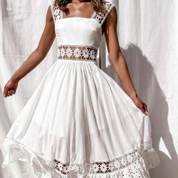 Women's Lace Sleeveless Princess Maxi Dress | High Waist U-Neck | White