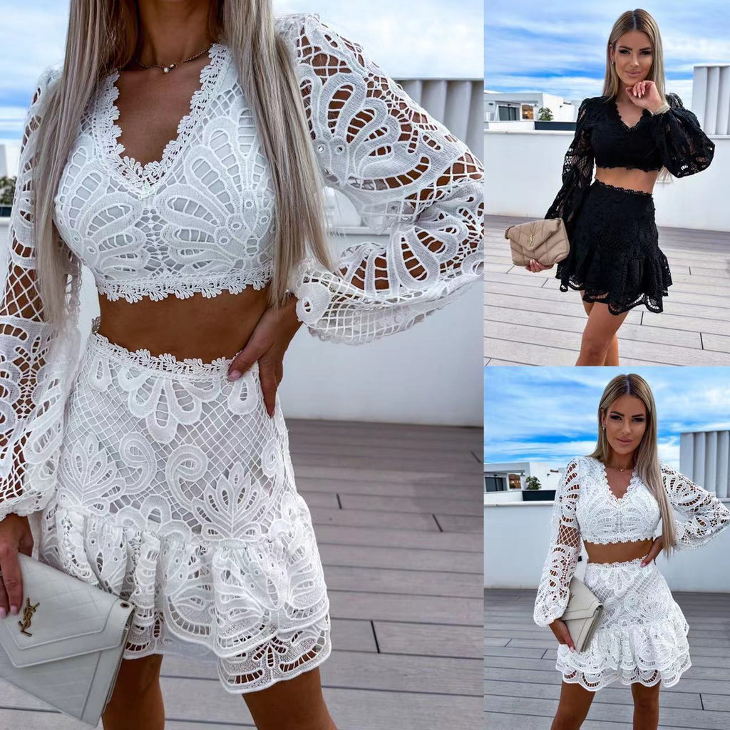 Women's Elegant Hollow Lace Embroidery Two-Piece Set