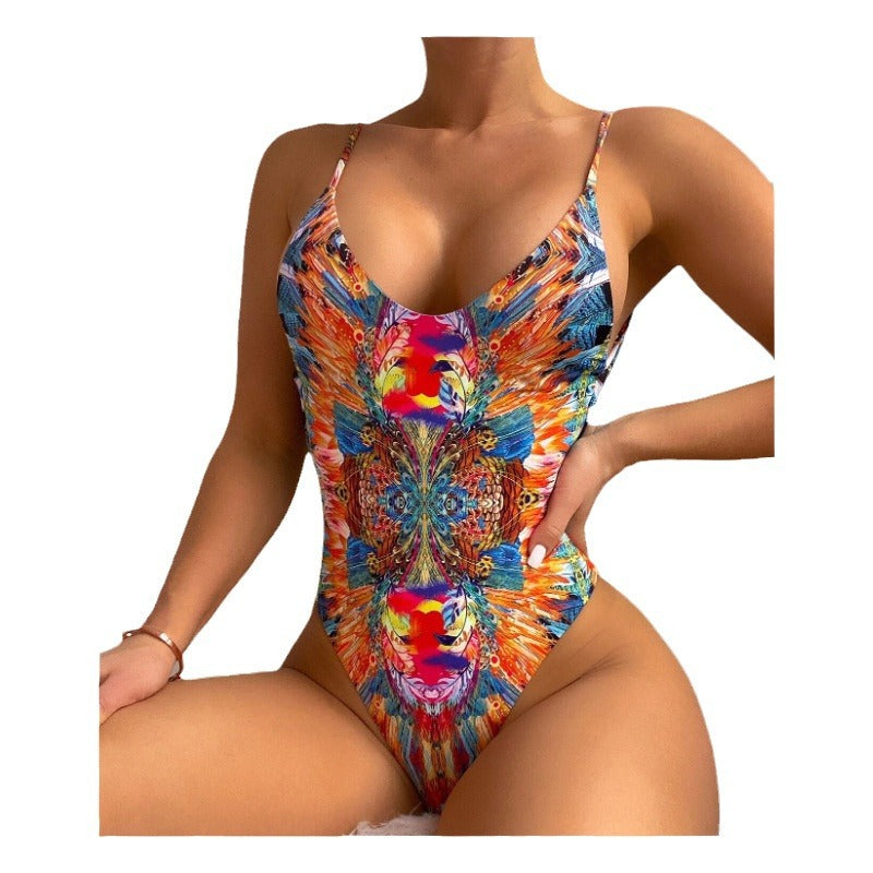 Printed Backless Halter One-Piece Swimsuit – Multicolor