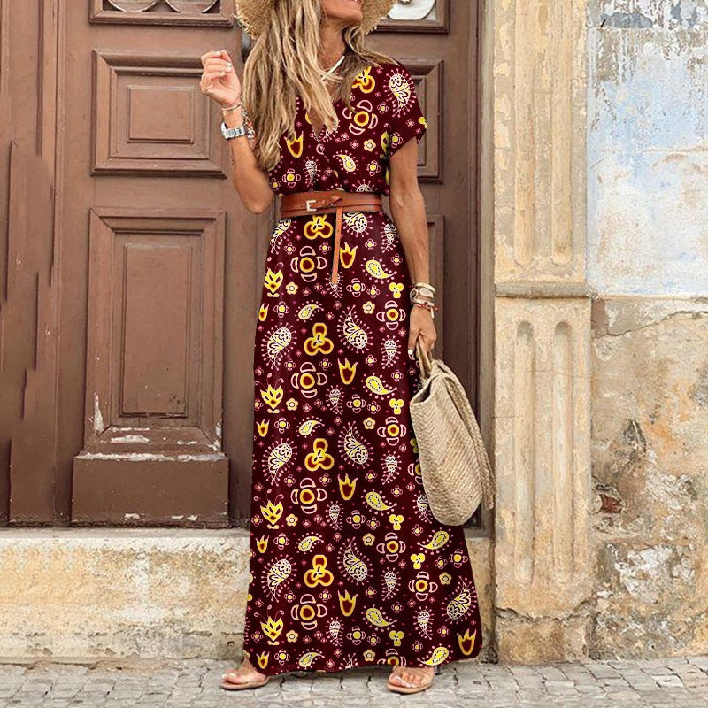 Women's Bohemian V-Neck Floral Midi Dress – 9 Colors, Sizes S–3XL