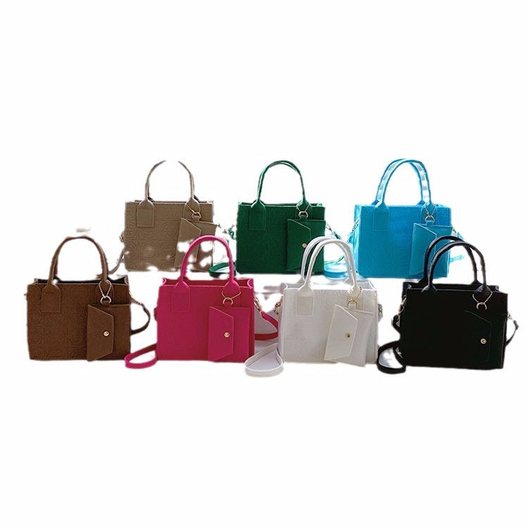 Embossed Two-Piece Handbag Set – Solid Color Tote & Pouch