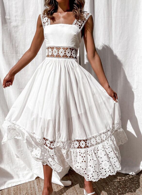 Women's Lace Sleeveless Princess Maxi Dress | High Waist U-Neck | White
