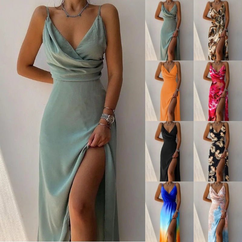 Women's V-Neck Sling Split Print Maxi Dress