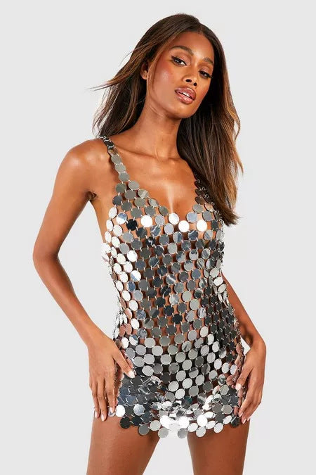 Women's Metallic Sequin Sling Dress – Black, Gold & Silver Styles | Free Size