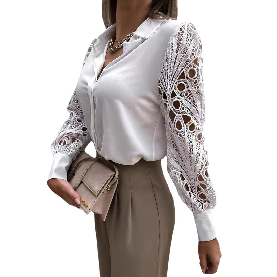 Women's Lace Stitching Blouse | Solid Color Elegant Top