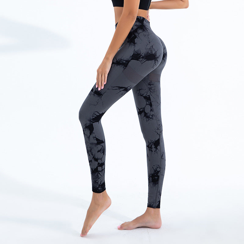 Seamless Peach Yoga Tight-Fit Shorts Women's Tie-Dye Tie-Floating Printed High Waist Hip-Lifting Sports Running Fitness Pants