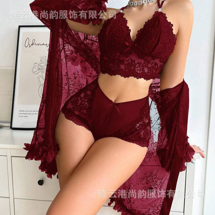 Women's French Lace Sling Pajama Three-Piece Set | 5 Colors, Sizes S–XL