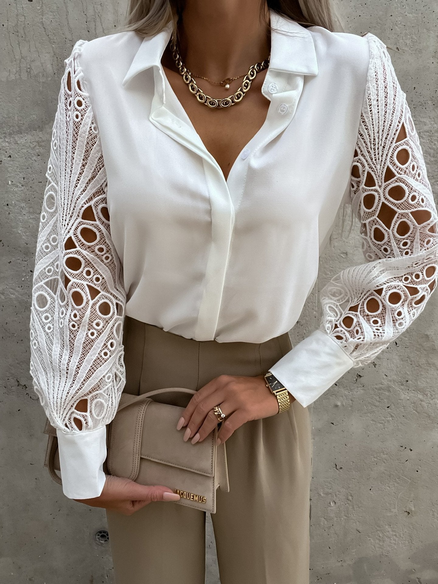 Women's Lace Stitching Blouse | Solid Color Elegant Top